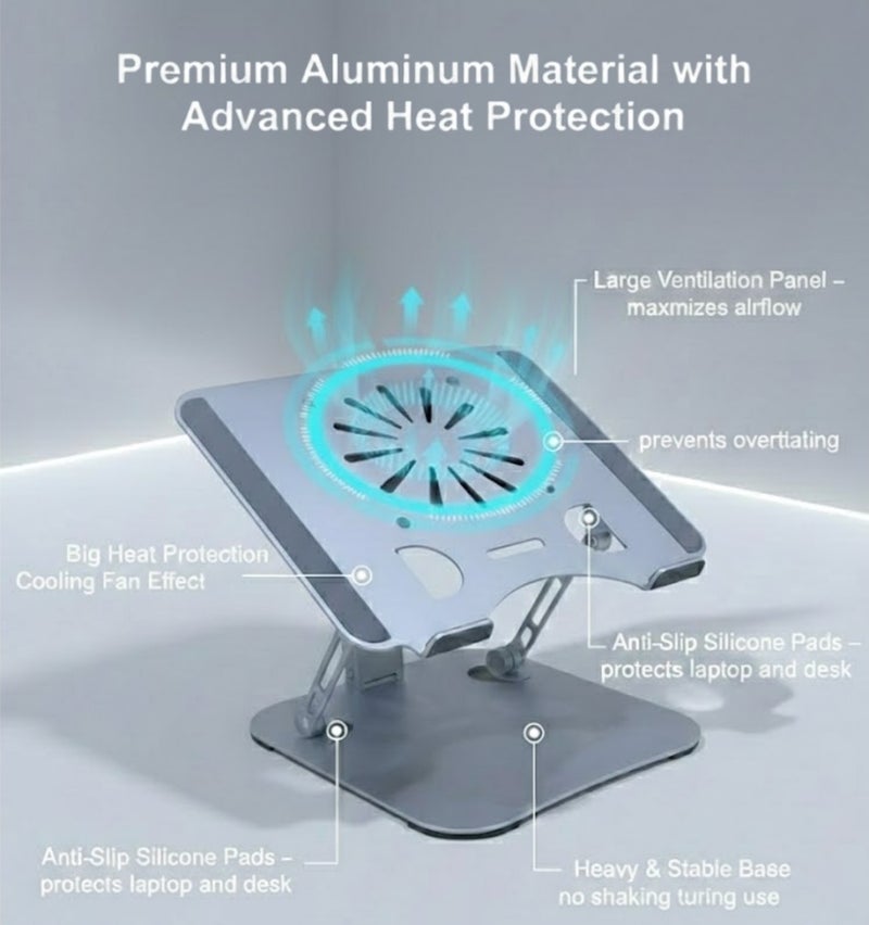 طلال حامل كمبيوتر محمول معدني قابل للتعديل مزود بمروحة تبريد كبيرة مدمجة للحماية من ارتفاع درجة الحرارة، وقاعدة مريحة قابلة لتعديل الارتفاع والزاوية، وقاعدة متينة وثابتة مزودة بوسادات مانعة للانزلاق، وحامل كمبيوتر محمول محمول للتبريد - Image 2